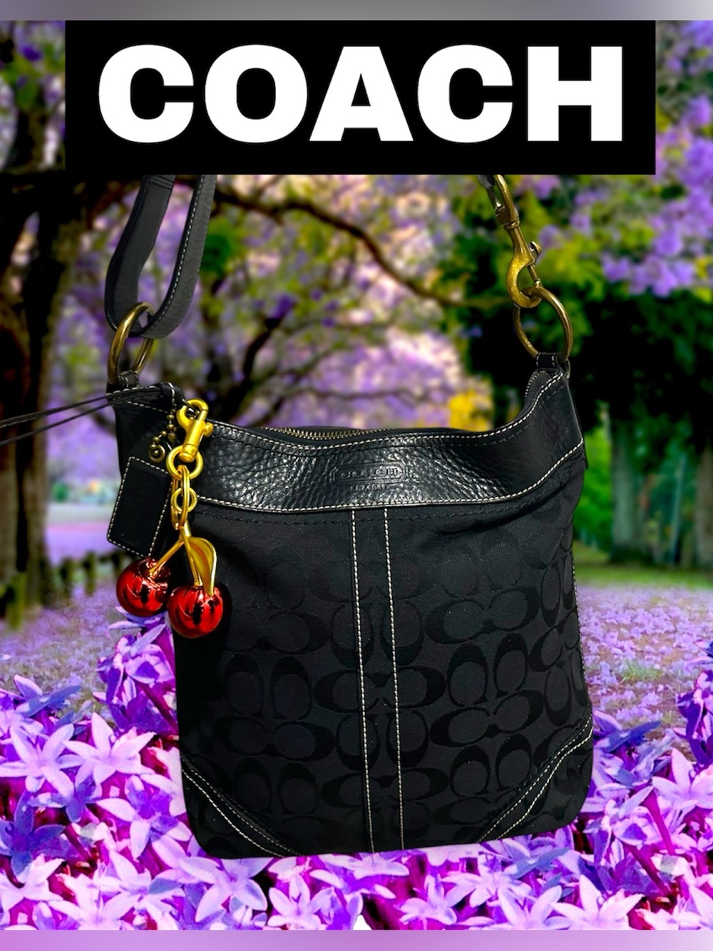 Vintage Coach Black Signature Canvas Shoulder Bag with Red Cherry Charm - Picture 4 of 14